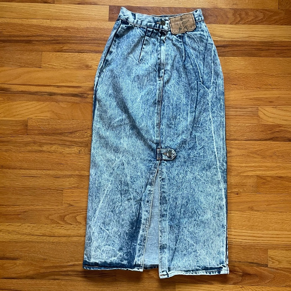 Acid Wash Vintage 80s/90s high rise midi skirt size xxs-xs Grunge Preppy Denim